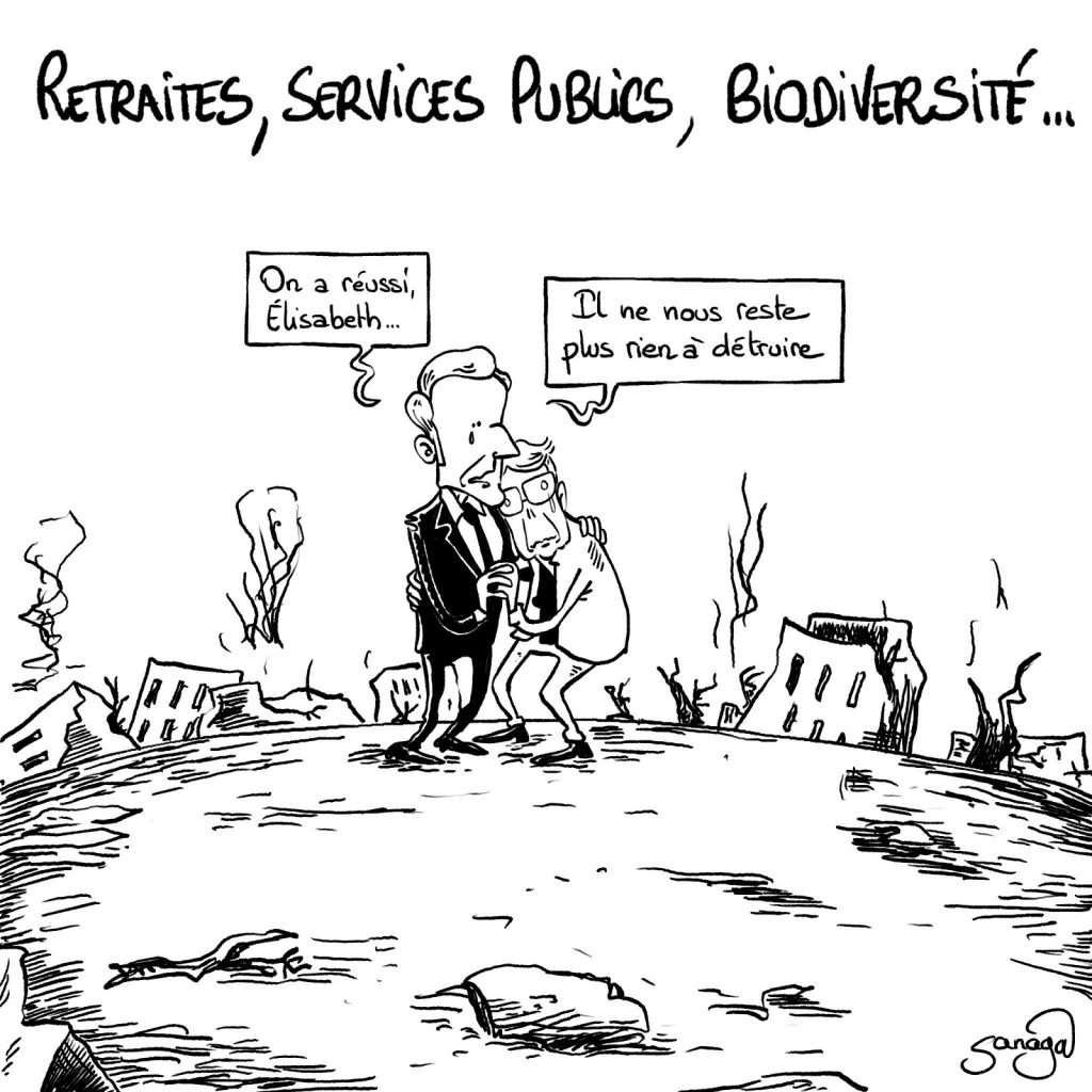 dessin presse humour Emmanuel Macron Élisabeth Borne image drôle destruction France