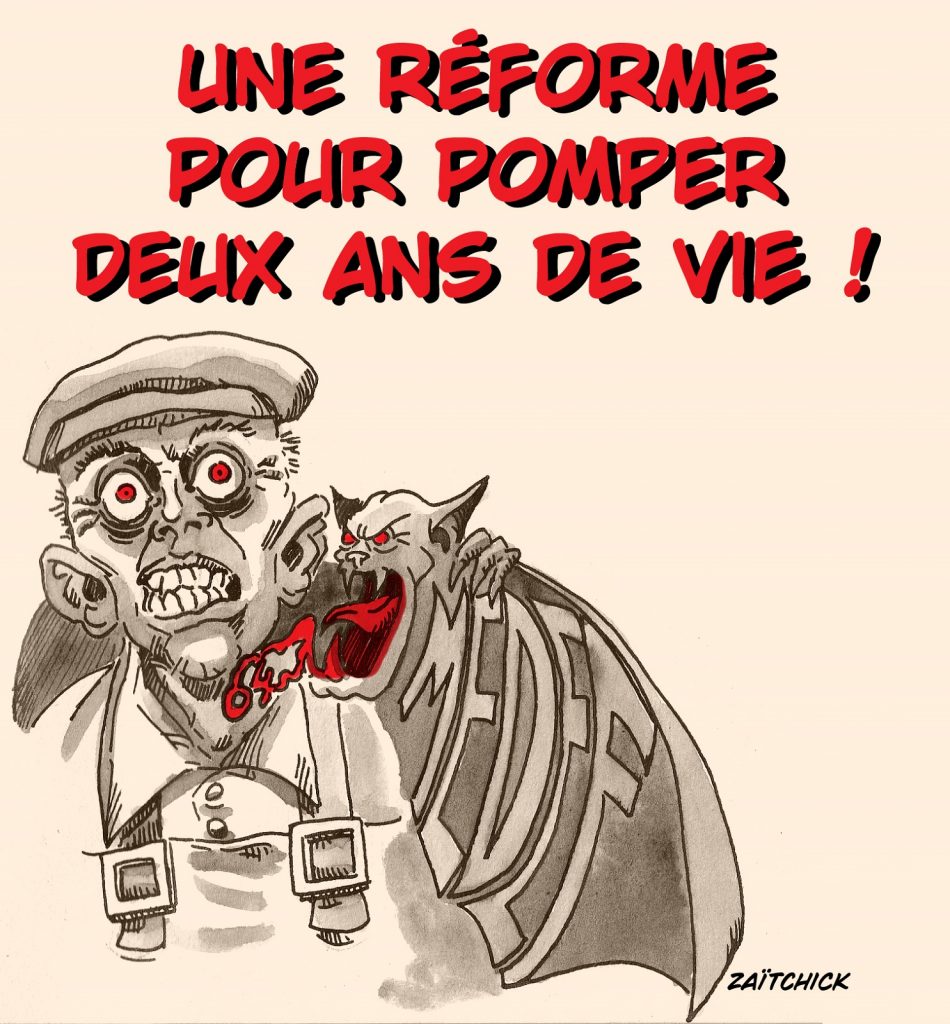 dessin presse humour réforme retraites image drôle vampire Medef