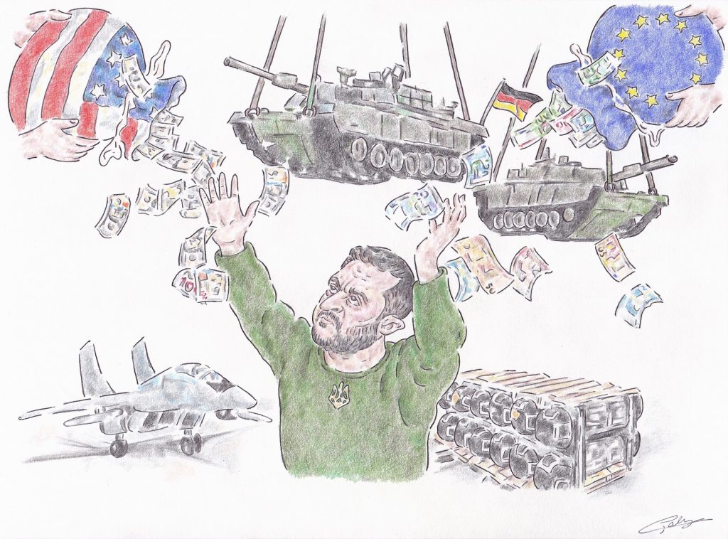 dessin presse humour Volodymyr Zelensky image drôle armement Ukraine