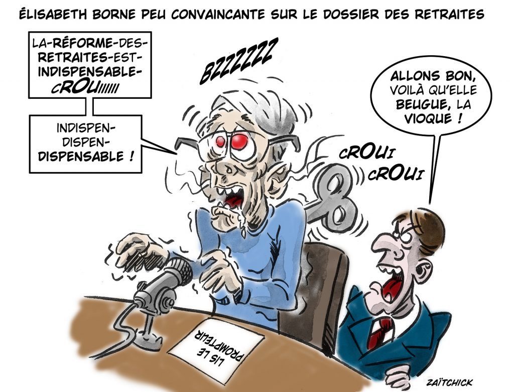 dessin presse humour Emmanuel Macron Élisabeth Borne image drôle réforme des retraites