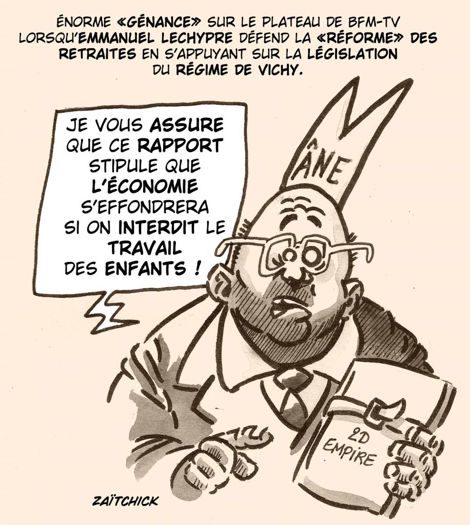 dessin presse humour Emmanuel Lechypre image drôle réforme des retraites