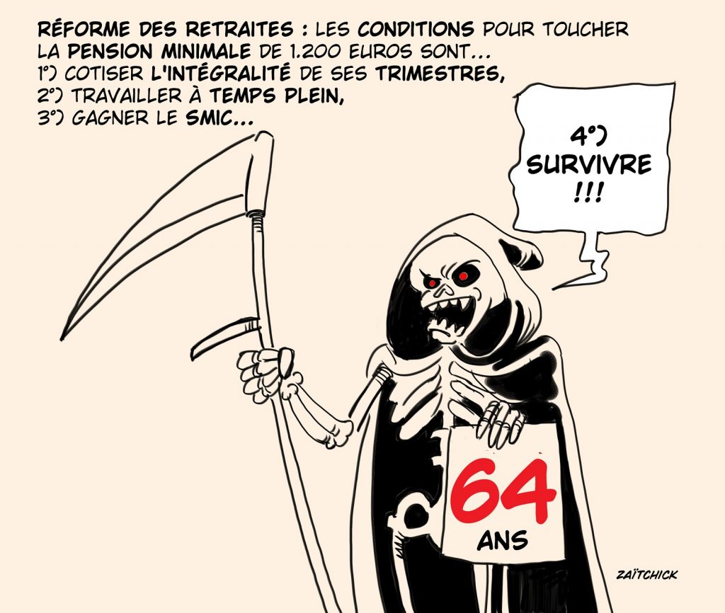 dessin presse humour réforme retraites image drôle mort