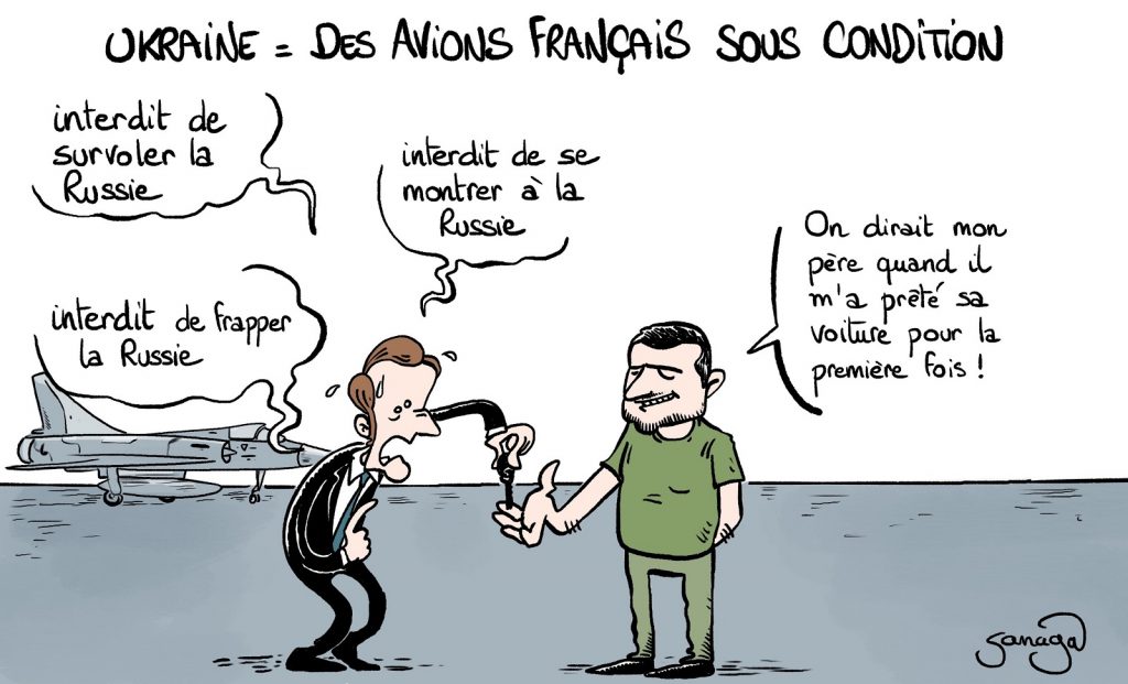 dessin presse humour Emmanuel Macron image drôle avions Ukraine