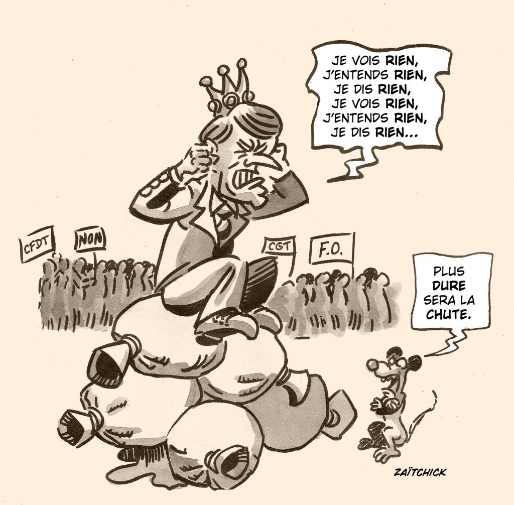 dessin presse humour Emmanuel Macron image drôle contestation réforme des retraites