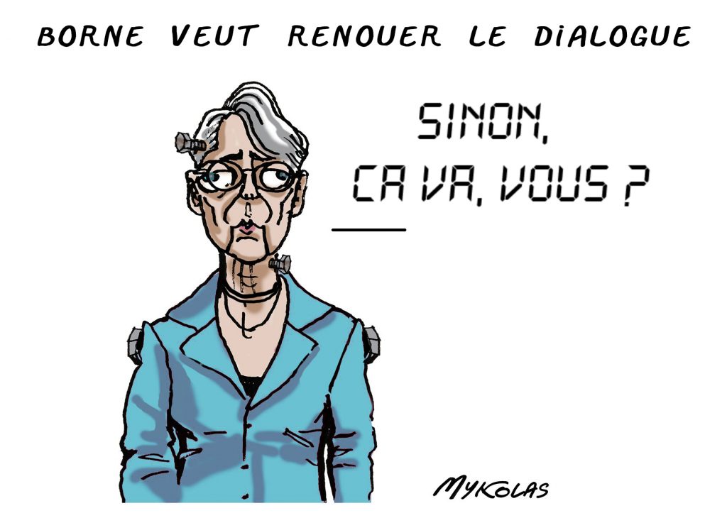 dessin presse humour Élisabeth Borne réforme retraites image drôle renouer dialogue