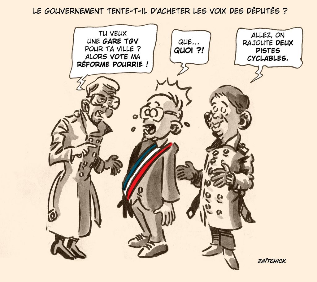 dessin presse humour Olivier Dussopt Élisabeth Borne image drôle députés réforme des retraites