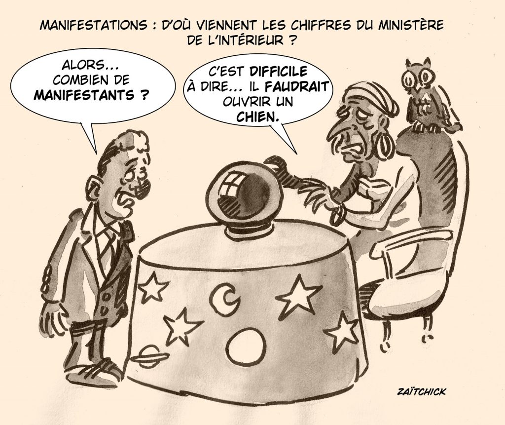 dessin presse humour ministère de l’Intérieur image drôle chiffres manifestants réforme retraites