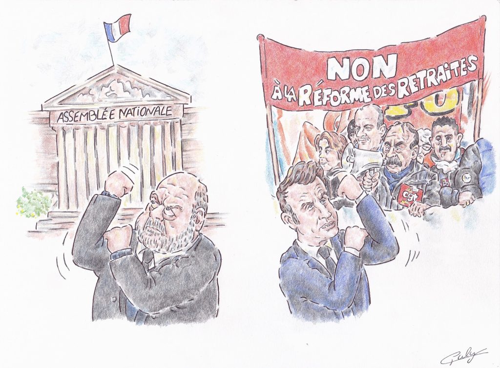 dessin presse humour bras d’honneur Éric Dupond-Moretti image drôle réforme retraite Emmanuel Macron