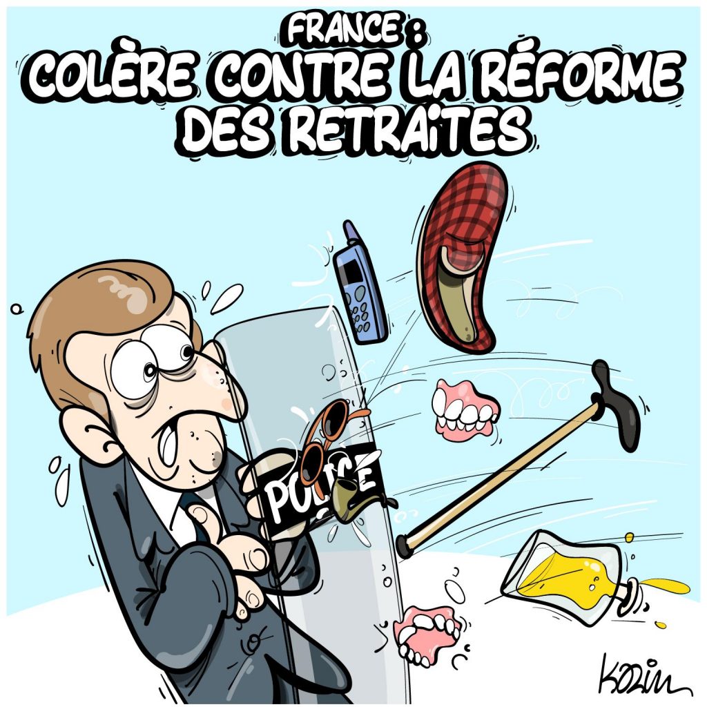 dessin presse humour Emmanuel Macron colère image drôle réforme retraites