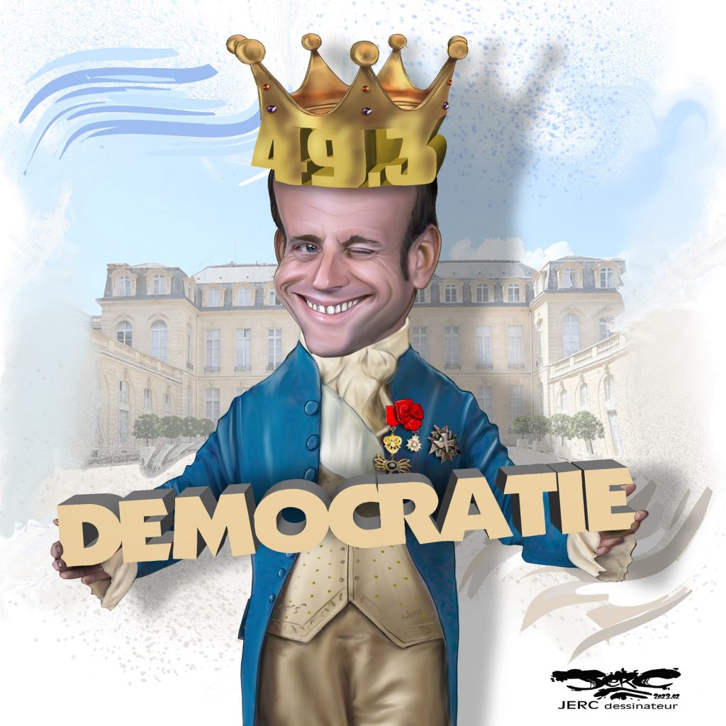 dessin presse humour Emmanuel Macron réforme des retraites image drôle article 49.3 démocratie