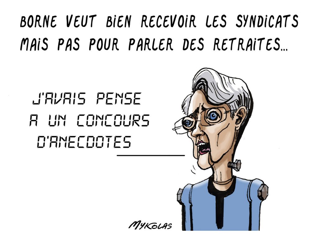 dessin presse humour Élisabeth Borne syndicat image drôle réforme retraites
