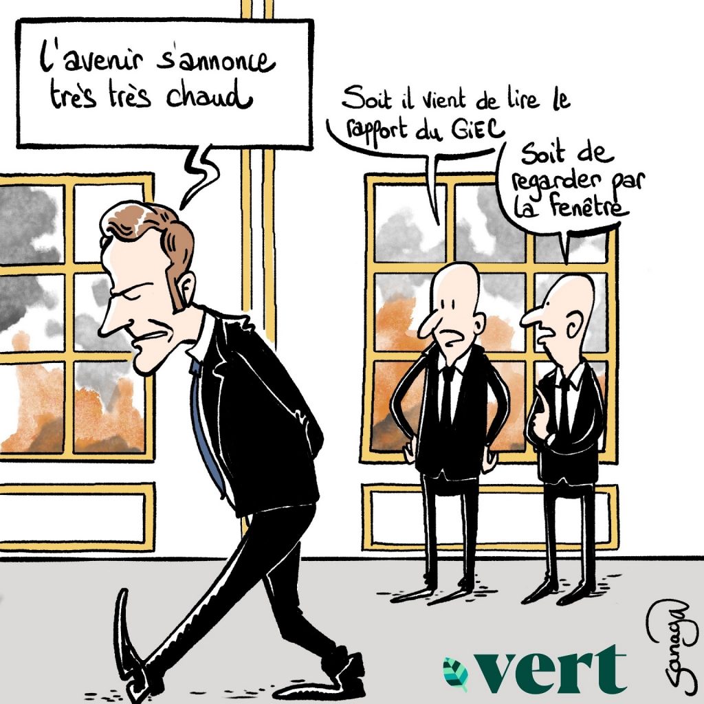 dessin presse humour Emmanuel Macron image drôle rapport GIEC contestation réforme retraites