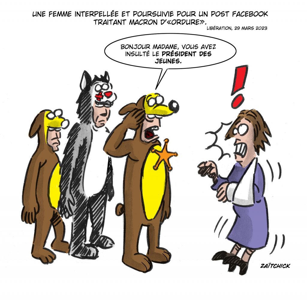 dessin presse humour Emmanuel Macron image drôle interpellation femme insulte