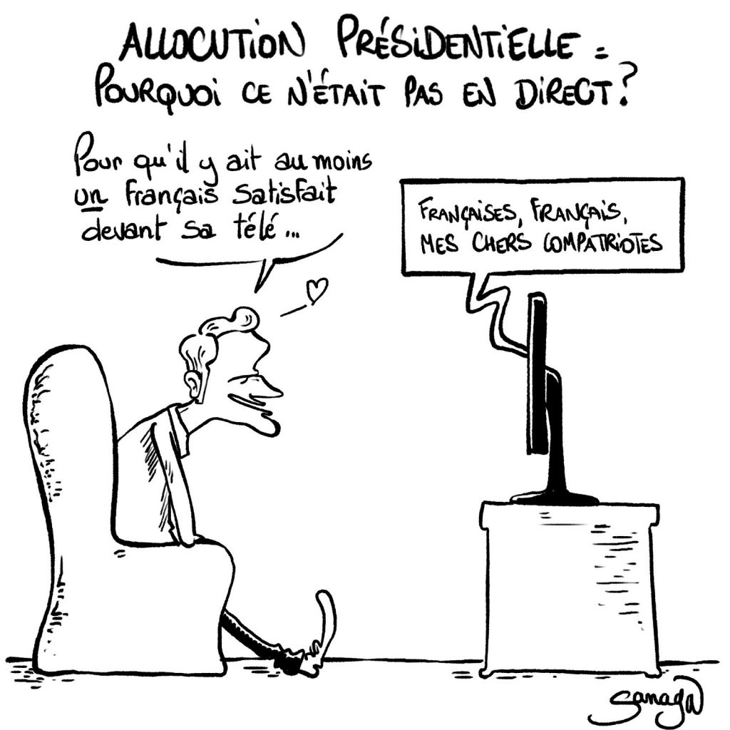 dessin presse humour allocution Emmanuel Macron image drôle réforme des retraites