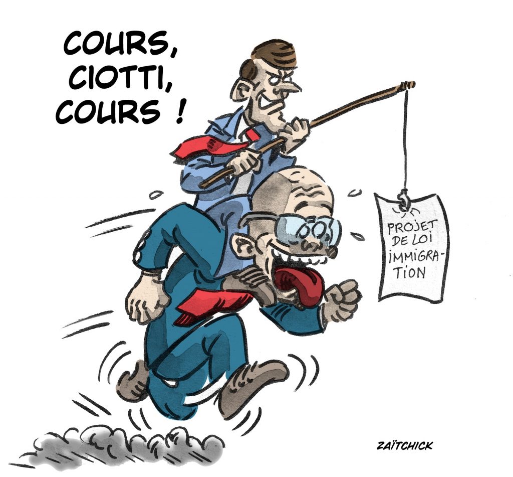 dessin presse humour Emmanuel Macron Éric Ciotti image drôle projet loi immigration