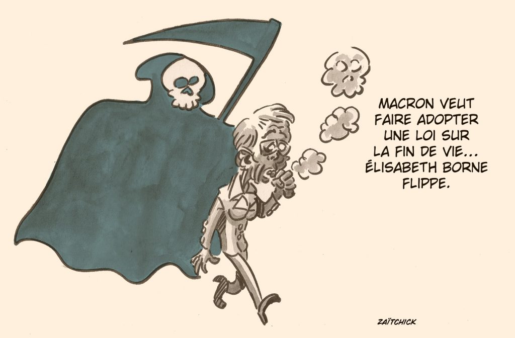 dessin presse humour Emmanuel Macron image drôle loi fin de vie