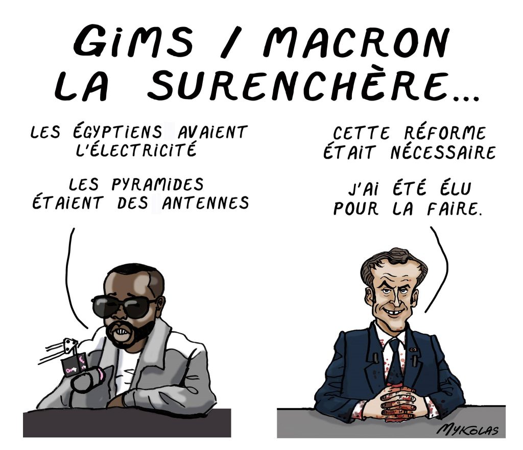 dessin presse humour Emmanuel Macron réforme des retraites image drôle Gims pyramides