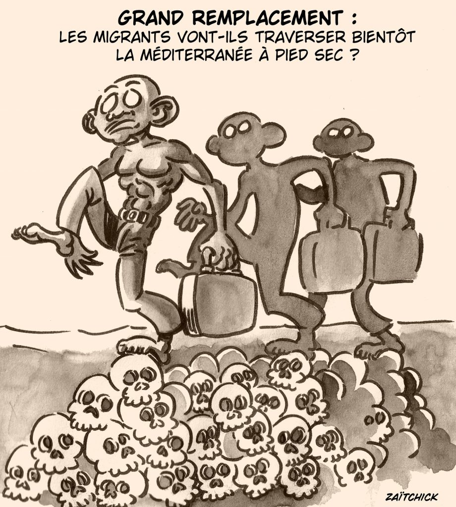 dessin presse humour grand remplacement image drôle traversée Méditerranée migrants