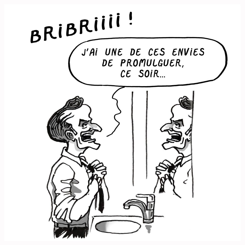 dessin presse humour Emmanuel Macron promulgation image drôle réforme des retraites