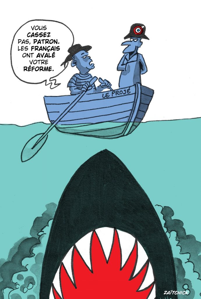 dessin presse humour Emmanuel Macron contestation image drôle réforme des retraites