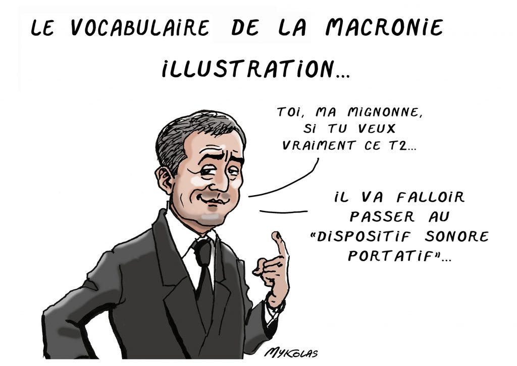 dessin presse humour Gérald Darmanin image drôle dispositif sonore portatif