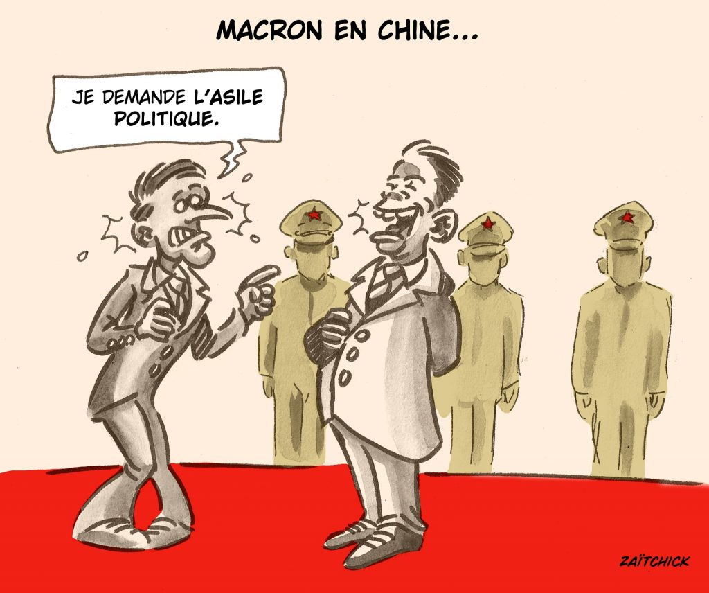 dessin presse humour Emmanuel Macron Xi Jinping image drôle visite Chine
