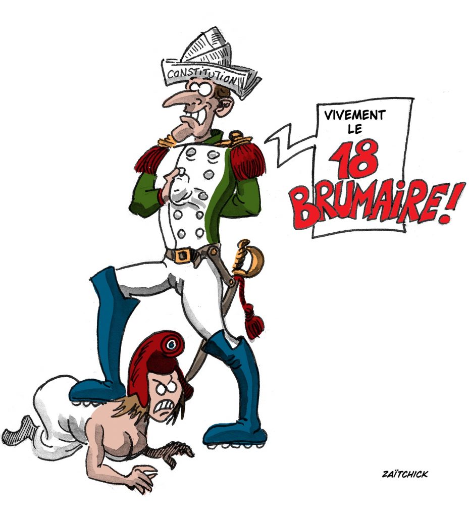 dessin presse humour Emmanuel Macron promulgation image drôle réforme des retraites