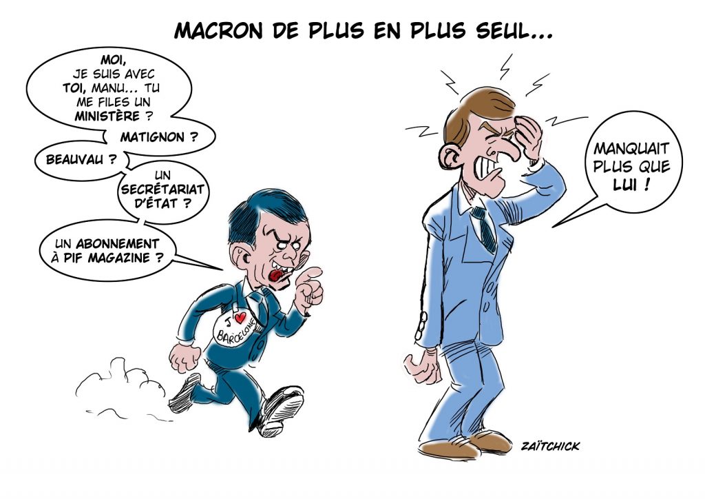 dessin presse humour isolement Macron image drôle Manuel Valls