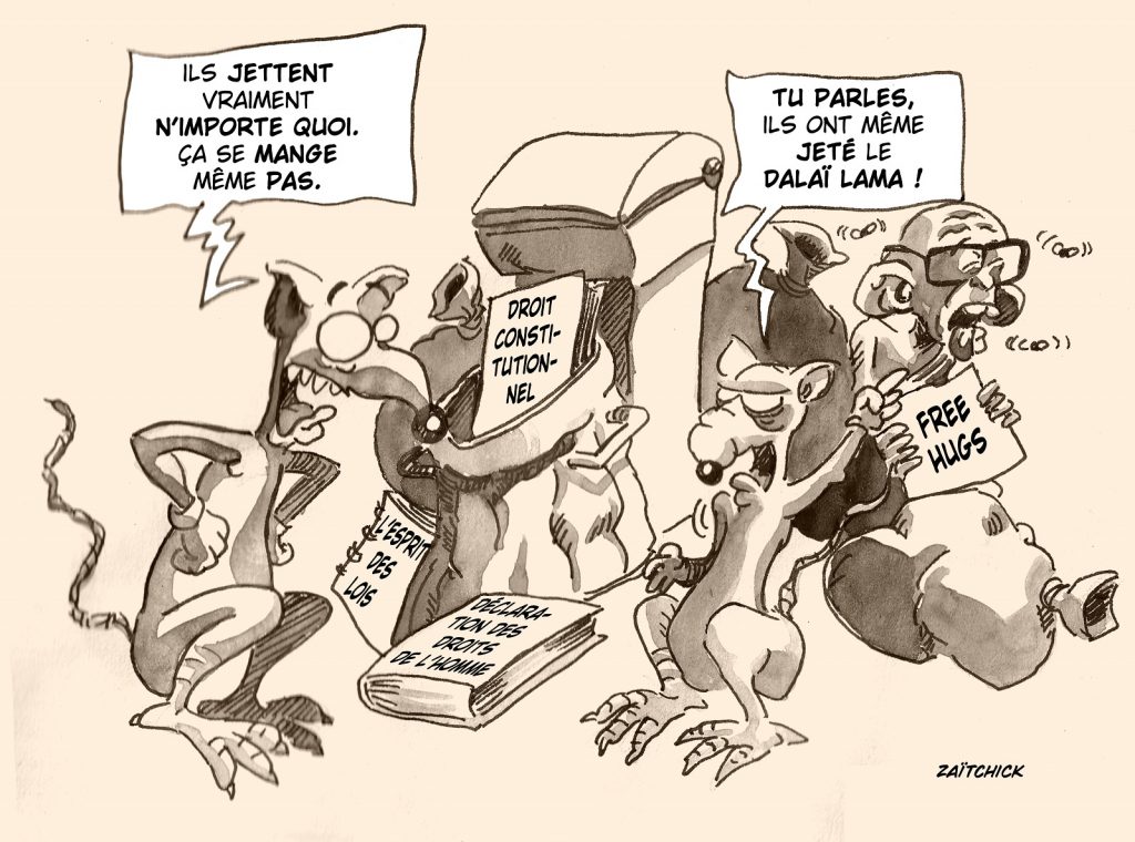 dessin presse humour promulgation réforme des retraites image drôle Dalaï-lama