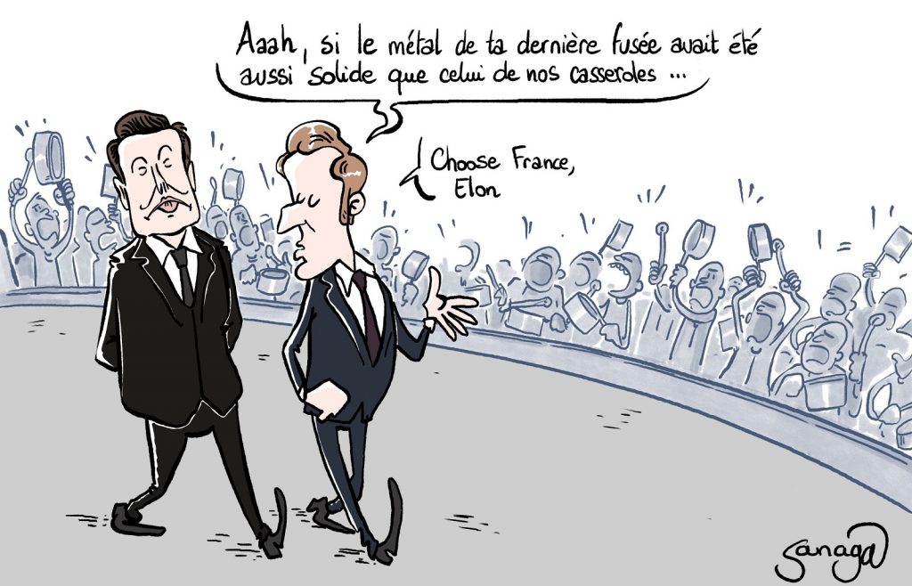 dessin presse humour casseroles Emmanuel Macron image drôle fusée Elon Musk