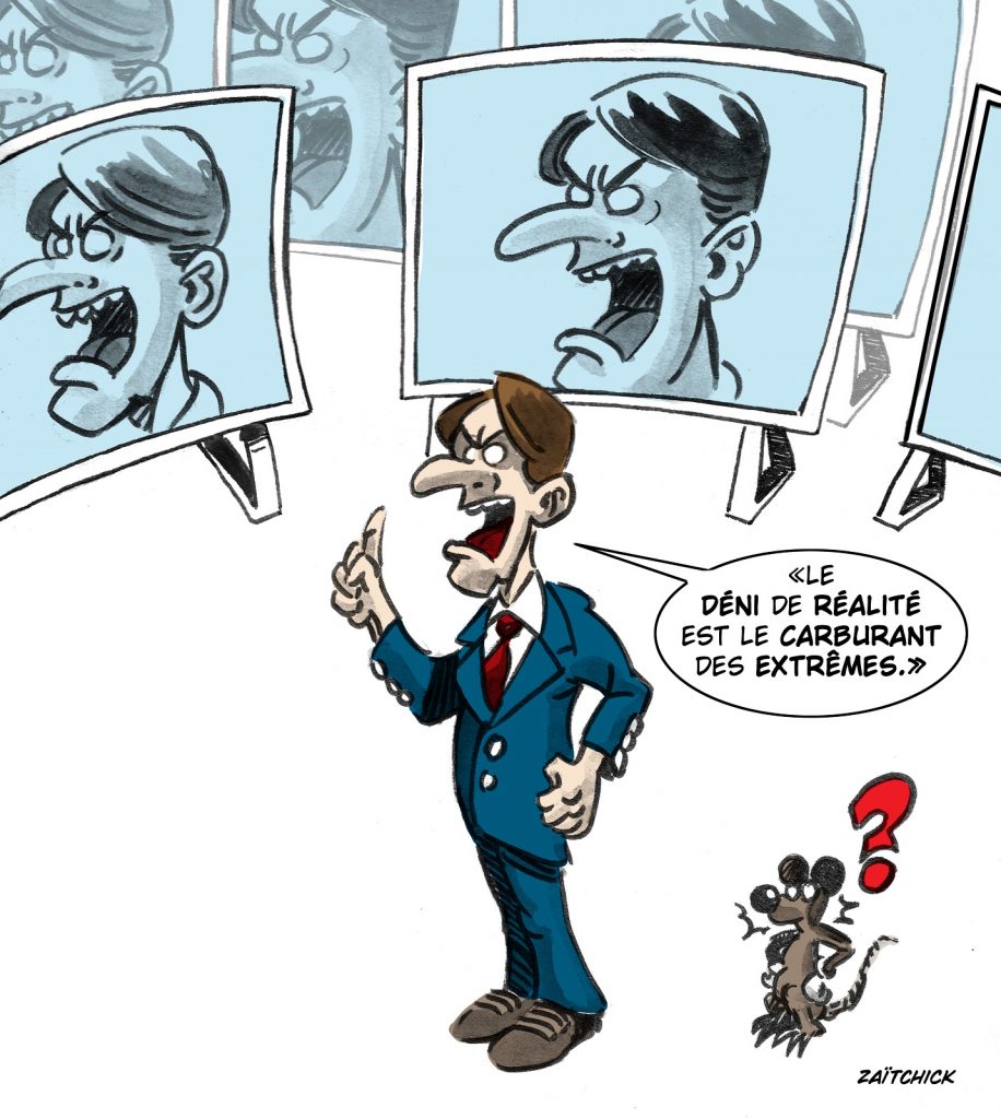 dessin presse humour réforme retraite image drôle Emmanuel Macron déni réalité