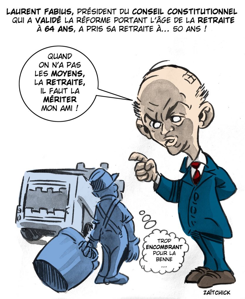 dessin presse humour réforme retraite image drôle Laurent Fabius