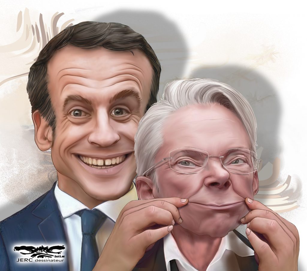 dessin presse humour Emmanuel Macron image drôle Élisabeth Borne