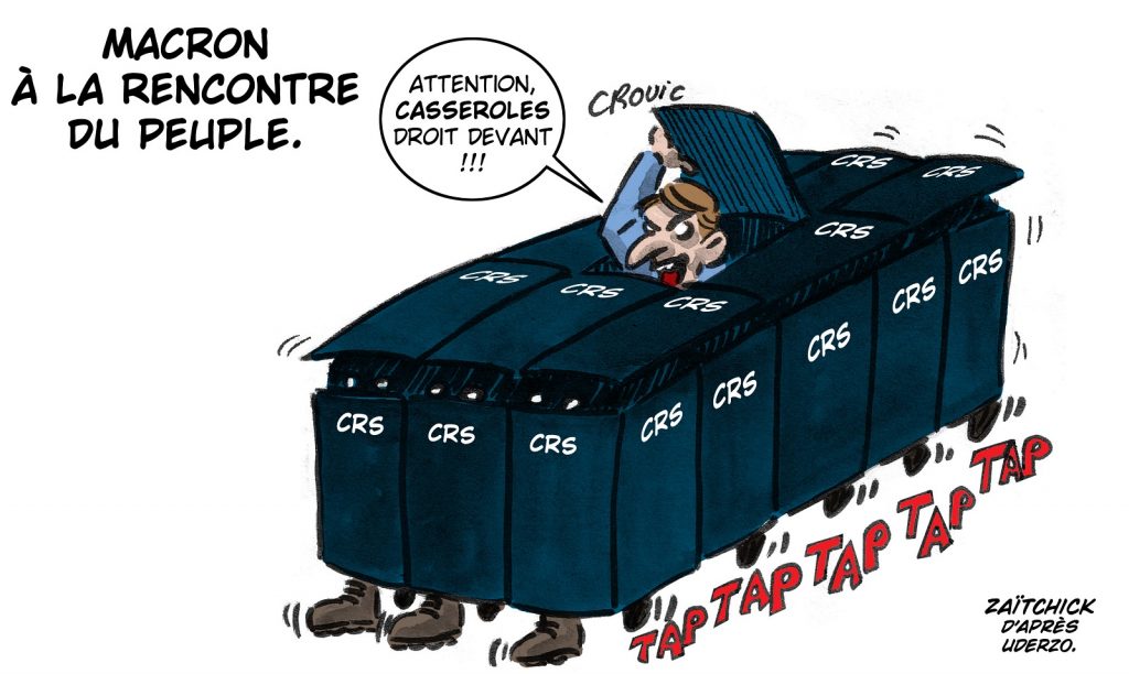 dessin presse humour réforme retraite image drôle Emmanuel Macron casserolades