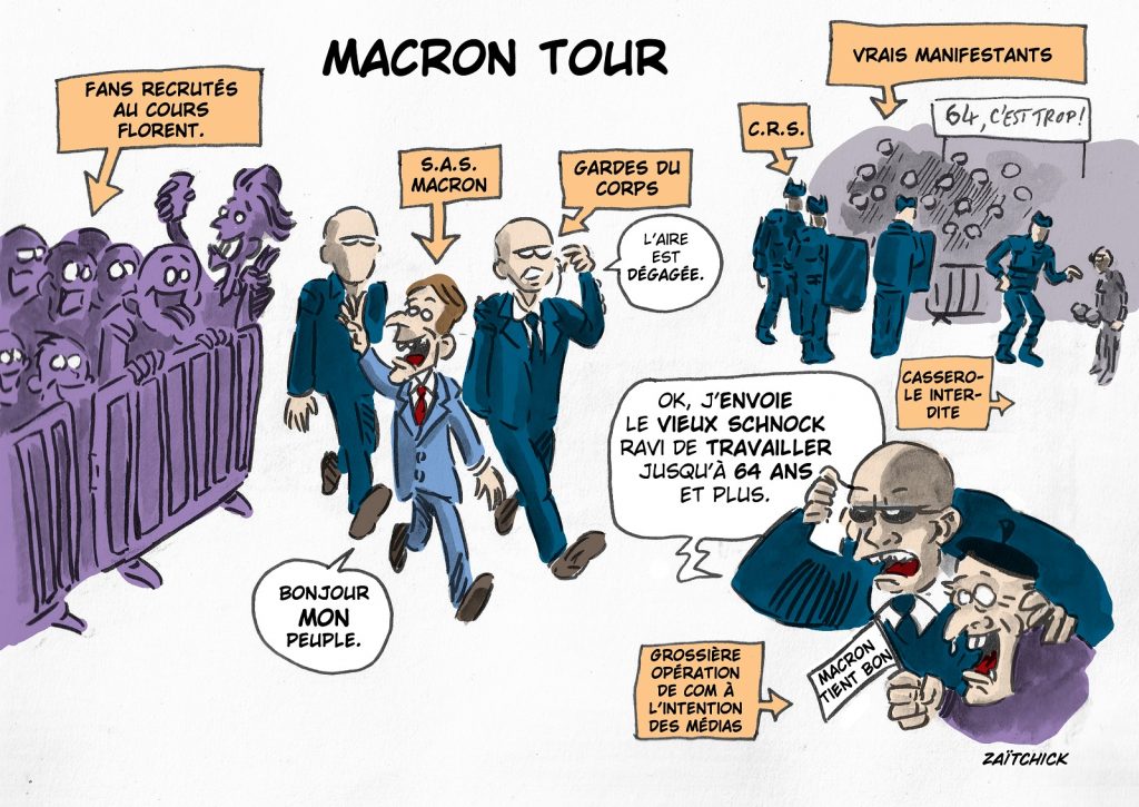 dessin presse humour cent jours image drôle communication Emmanuel Macron