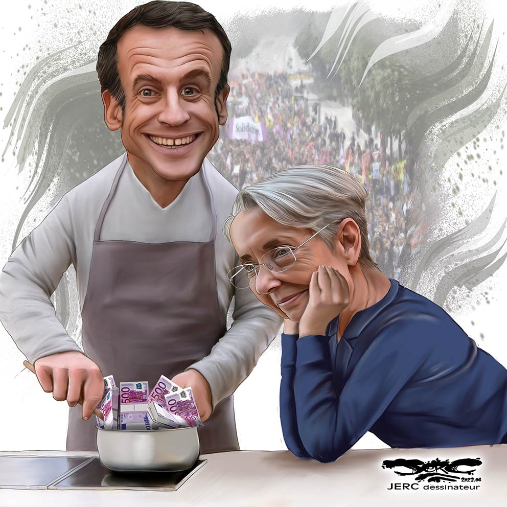 dessin presse humour Emmanuel Macron Élisabeth Borne image drôle concert casseroles