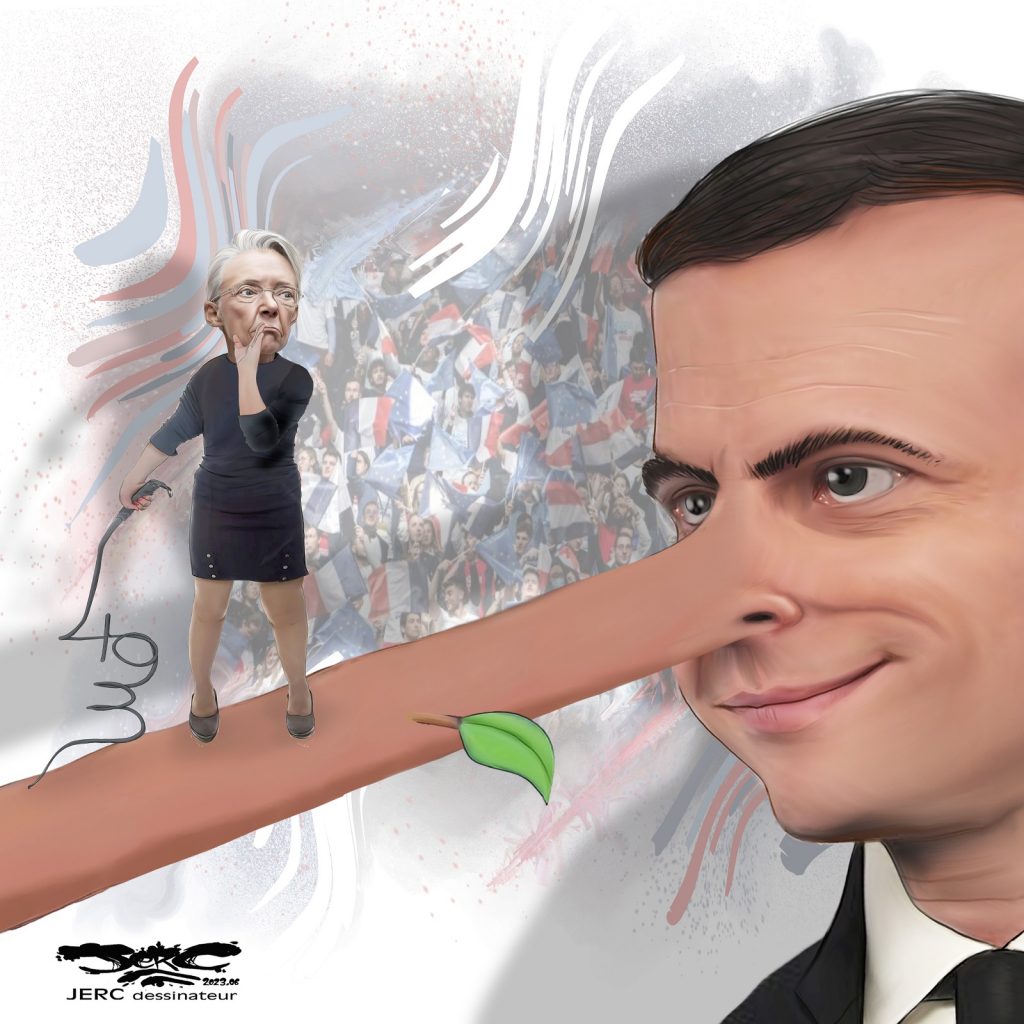dessin presse humour Emmanuel Macron Pinocchio image drôle Élisabeth Borne