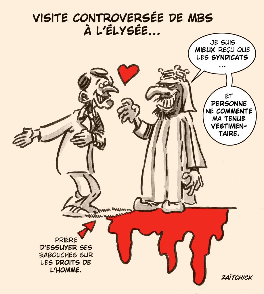 dessin presse humour Mohammed ben Salmane image drôle Emmanuel Macron Élysée