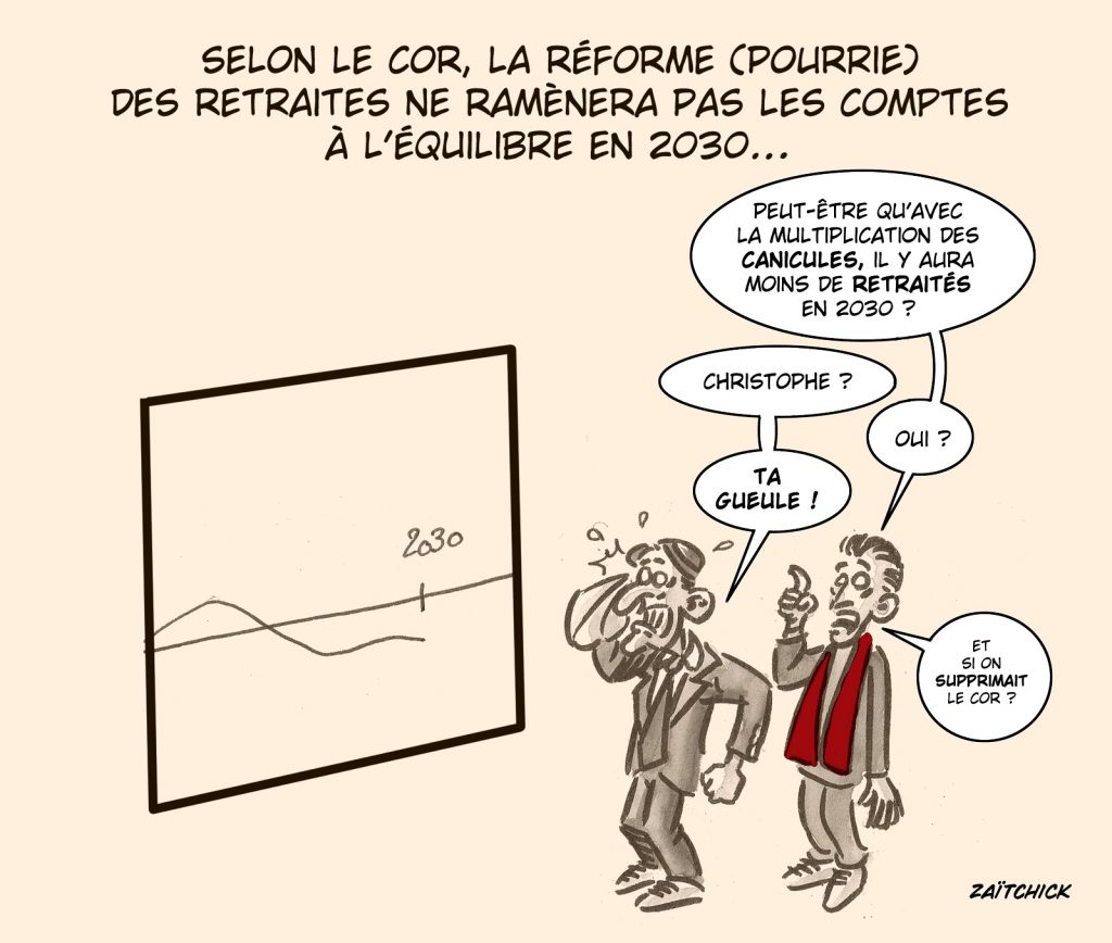 dessin presse humour Christophe Barbier Emmanuel Macron image drôle réforme des retraites COR