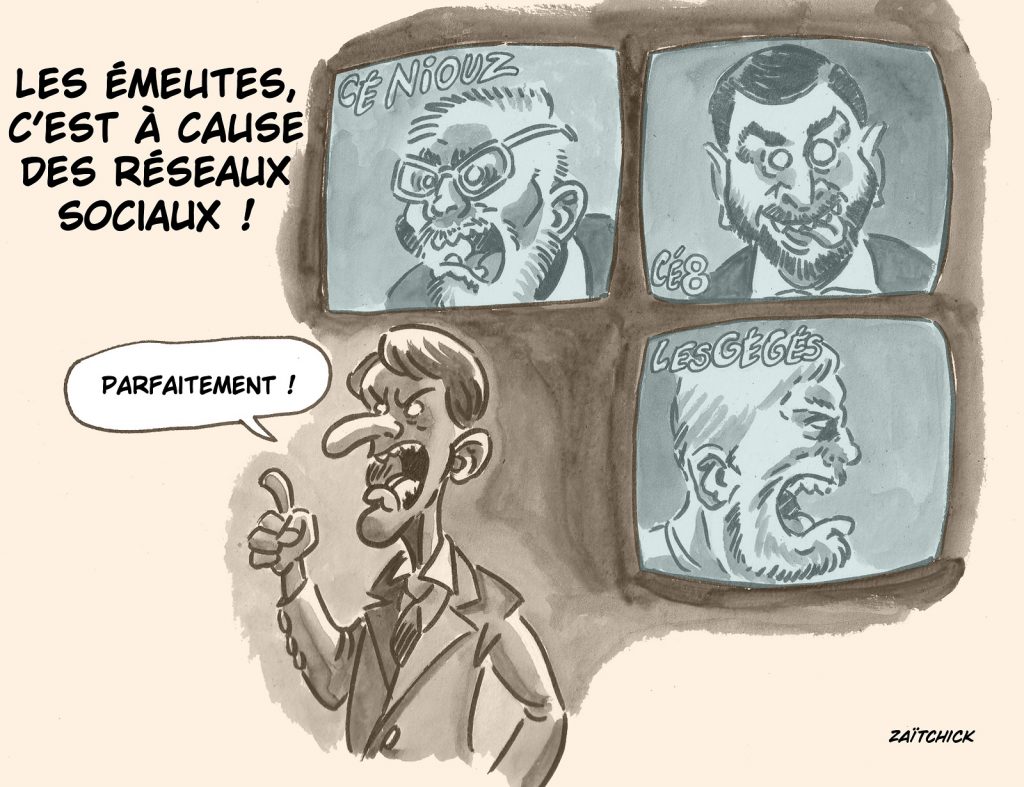 dessin presse humour émeutes pillages image drôle Emmanuel Macron réseaux sociaux