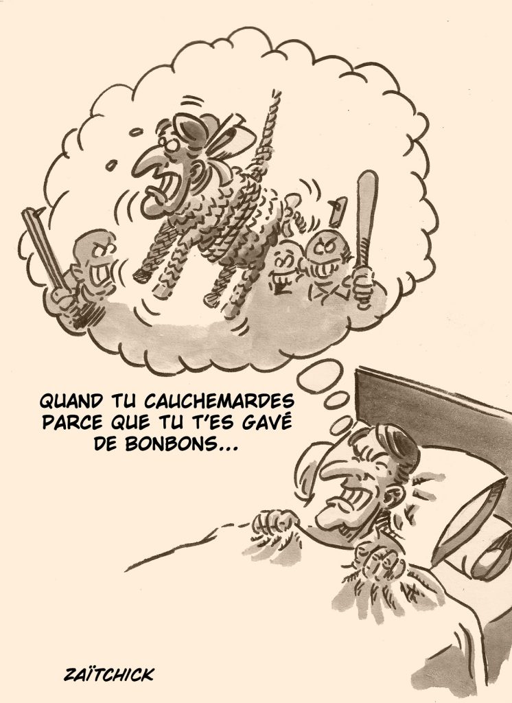 dessin presse humour Emmanuel Macron image drôle piñata