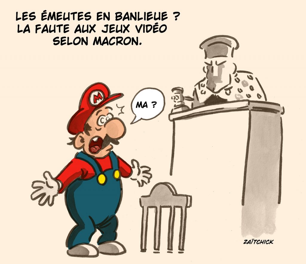 dessin presse humour émeutes Emmanuel Macron image drôle jeux vidéo