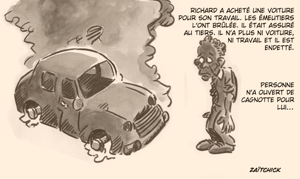 dessin presse humour émeutes pillages image drôle voitures brûlées