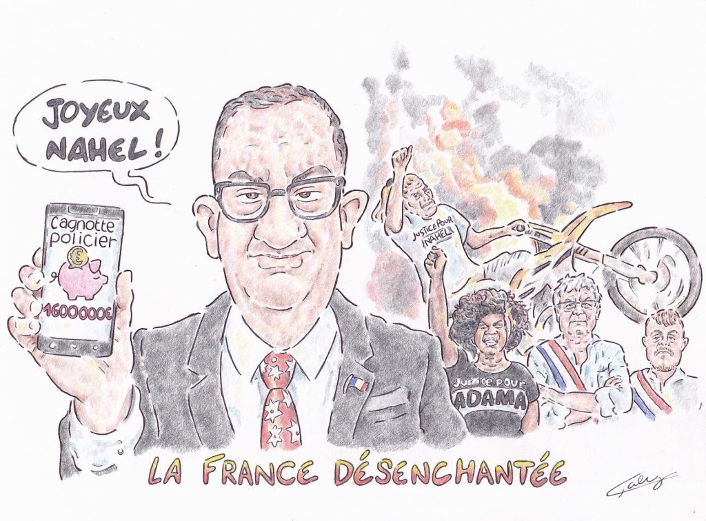 dessin presse humour émeutes pillages image drôle LFI Jean Messiha cagnotte
