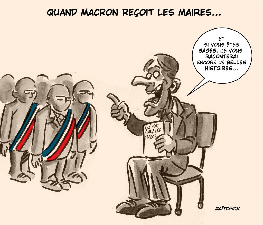 dessin presse humour émeutes pillages image drôle réception maires Emmanuel Macron