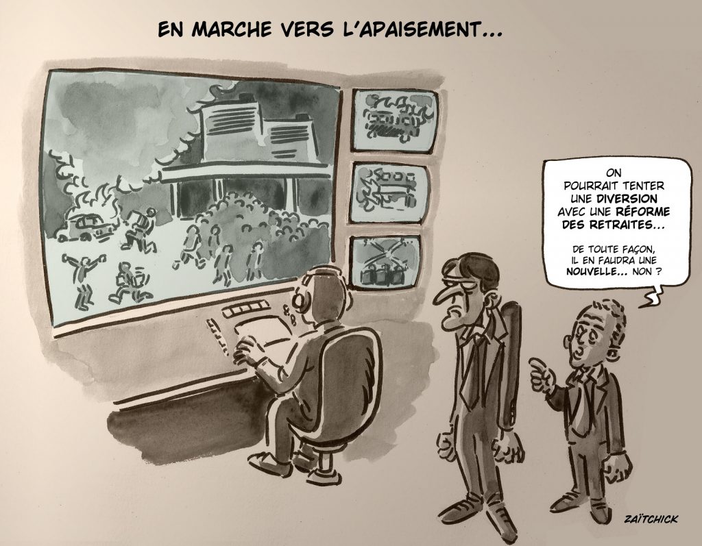dessin presse humour émeutes pillages image drôle Emmanuel Macron Gérald Darmanin