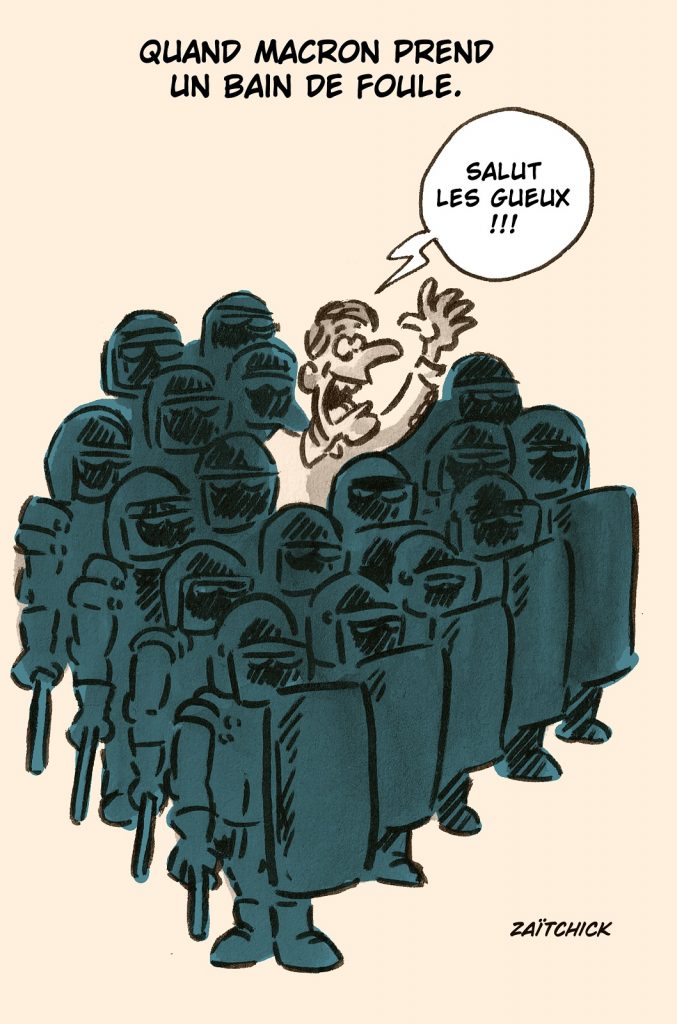 dessin presse humour Emmanuel Macron image drôle bain foule