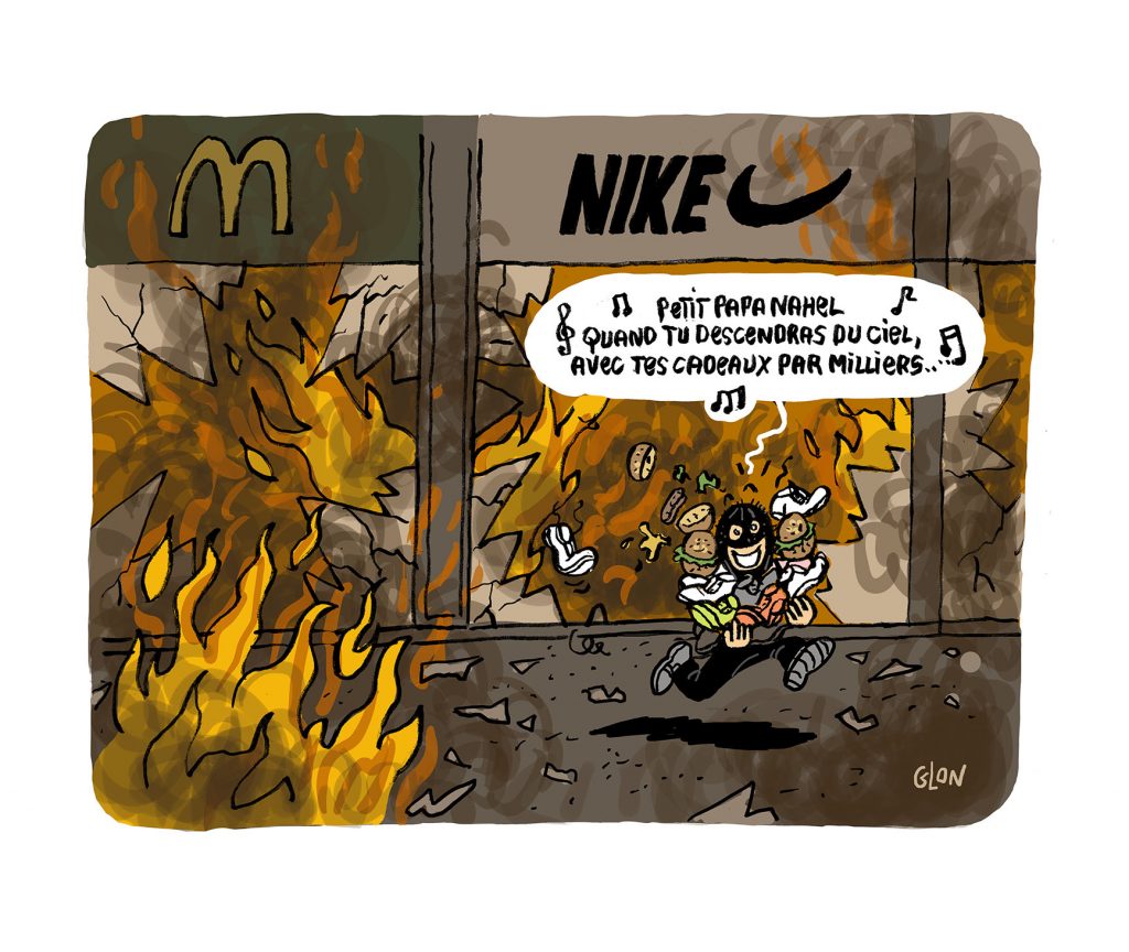 dessin presse humour mort Nahel Nanterre image drôle émeutes pillages