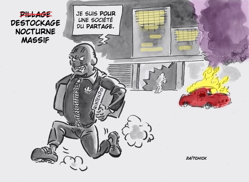 dessin presse humour mort Nahel Nanterre image drôle émeutes pillages