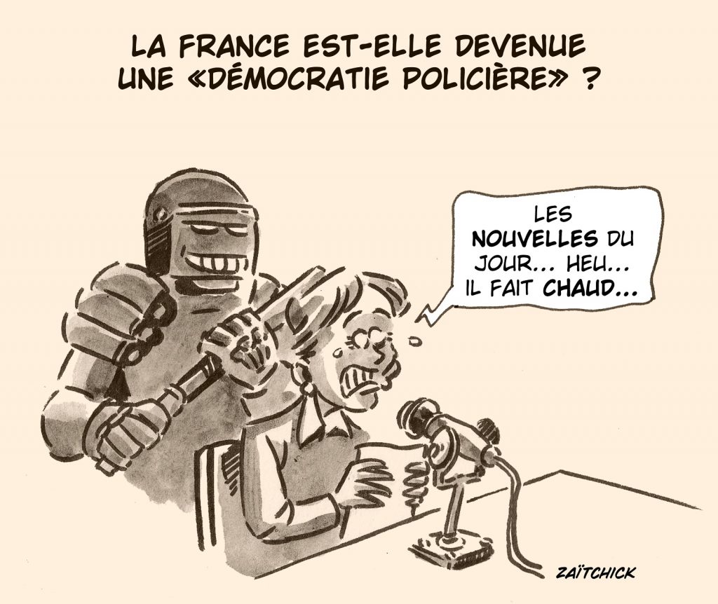 dessin presse humour Emmanuel Macron France image drôle démocratie policière